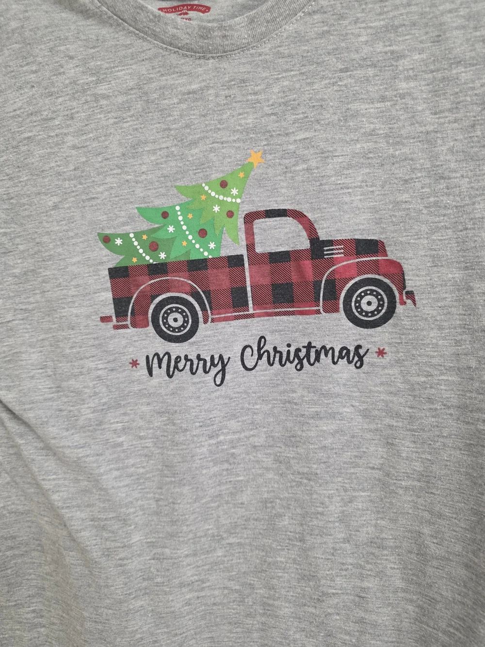 Holiday Time Grey Short-Sleeve Tee with Red Plaid Truck and Green Tree (0706)